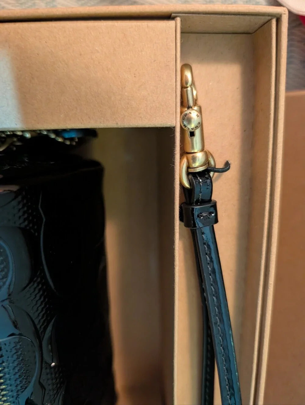 Coach Boxed Essential Mini Cosmetic Pouch Wristlet in Black pearlized patent